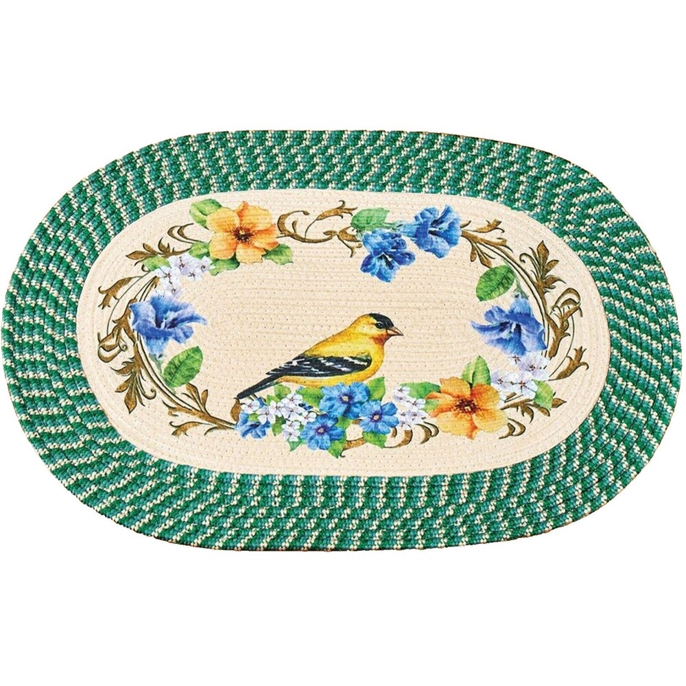 Oval Braided Kitchen Accent Rug (20"x30") SPRING GOLDFINCH BIRD ON WREATH, CE